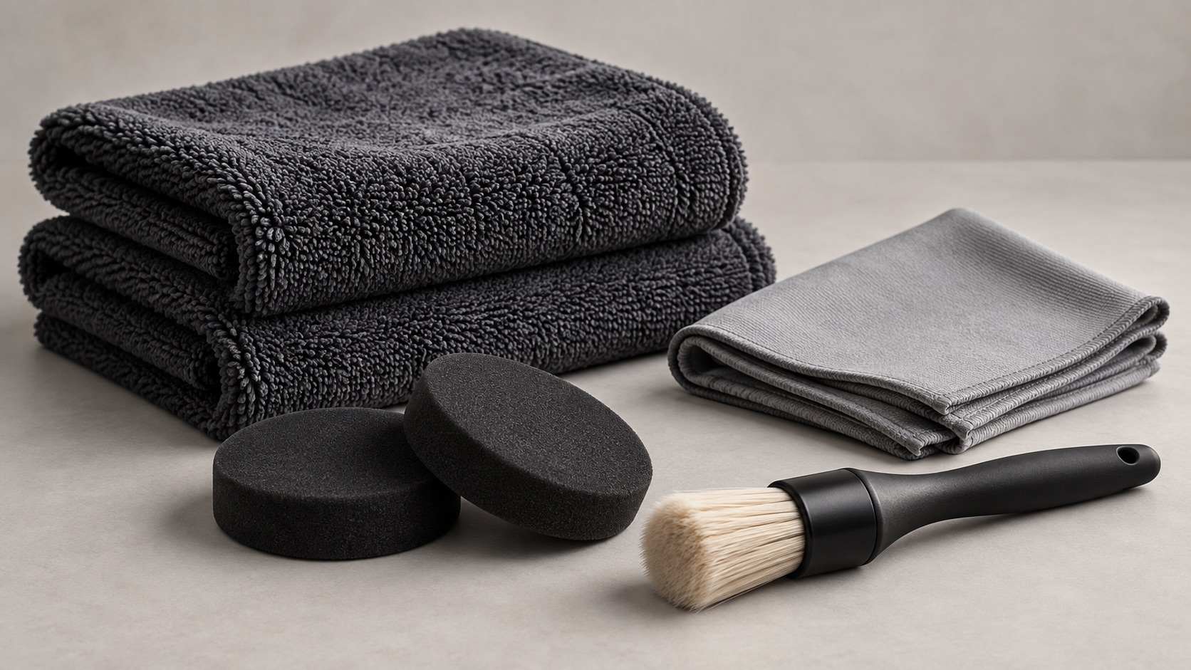 Illustrative car care collection: towels, cloths, applicators and a brush